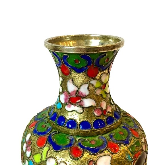 Antique Cloisonne w/ Ornate Enamel Flowers & Gold Gilding Brass Color Vase - Picture 9 of 13